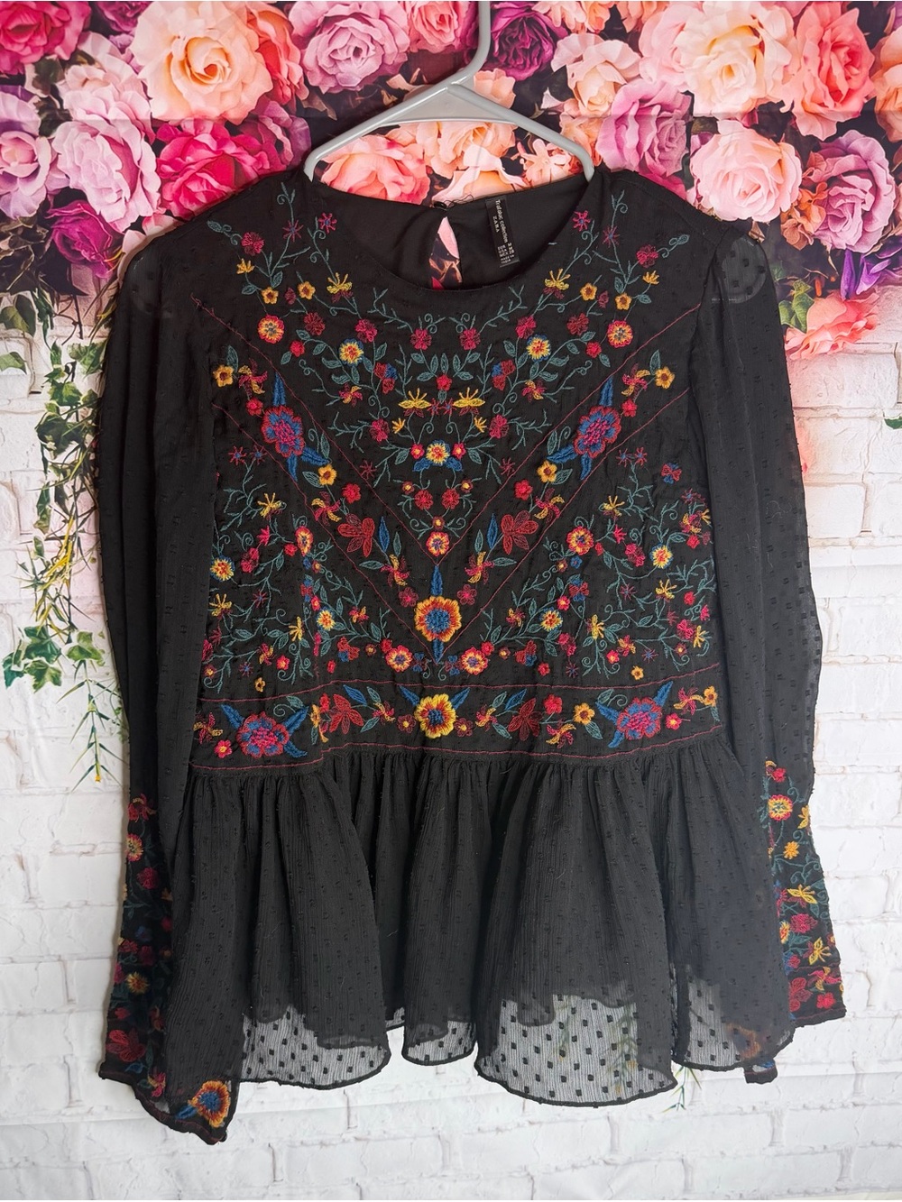 Zara Trafaluc Collection Black Floral Embroidered Swiss Dot Peplum Blouse - Picture 2 of 8